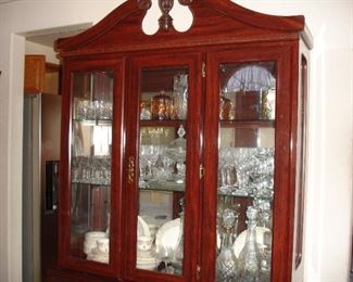 Full china cabinet - stemware - decanters - vintage dishes - carnival glass biscuit jars - stemware - etc.