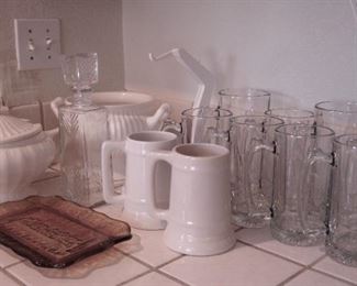 Glass beer mugs and tureens