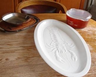 Large lobster platter, mid century stainless serving pieces and Pyrex casserole
