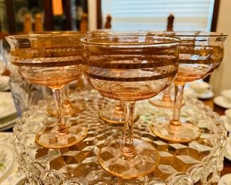 Lovely Set of (7) Gold Rimmed Rimmed Pink Wine Glasses
