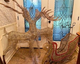 Rare Vintage Champagne Sparkle Reindeer and Sleigh for Outdoors 