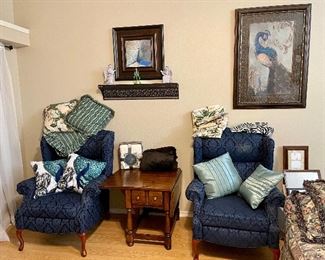 2 Blue fabric  Wing back chairs - fair condition but frames are super
Solid Oak Folding “Wing” Table with Drawer
Decorative Pillows & Artwork 