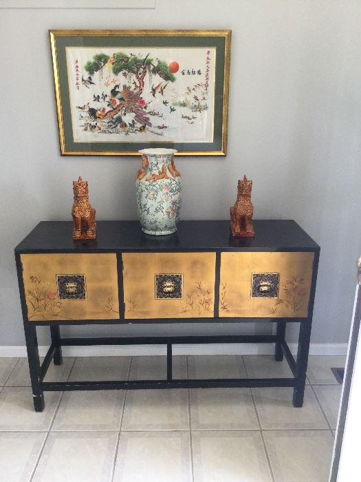 CIRCA 1960, Asian Lacquered Gold Leaf Credenza /3 Door Cabinet