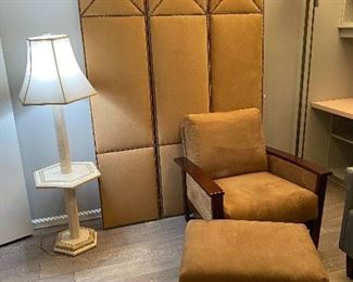 3 PANEL, WALL MOUNT,  PADDED, SUEDE & NAILHEAD, KING SIZE HEADBOARD.  ARM CHAIR & OTTOMAN,