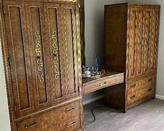 MID CENTURY MODERN, UNIQUE WARDROBE & VANITY, BURLED Amboyna WOOD & BRASS, By: MASTERCRAFT