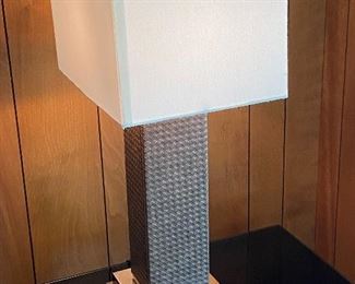 BRUSHED CHROME & LEATHER CUBIC LAMP