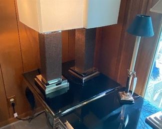 COASTER, CROME & BLACK Pair of End Tables. 
PAIR of BRUSHED CHROME& LEATHER  CUBIC LAMPS