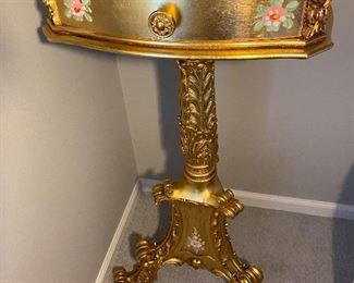LACQUERED & GILDED, ONE DRAWER, PEDESTAL TABLE with HAND PAINTED FLORAL DESIGN