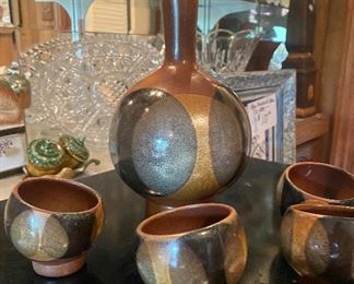 VINTAGE ROBERT MAXFIELD, POTTERY CRAFT DECANTER & GLASSES
