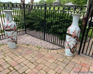 4' Tall Heavy Chinese Cherry Blossom Urns / Vases