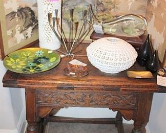 Carved Table and Danish MCM Candelabra and other MCM items
