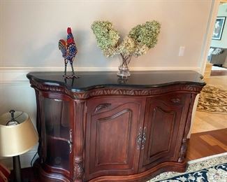 Granite and wood console. Measures 72"W x 20.5"D x 39"H.