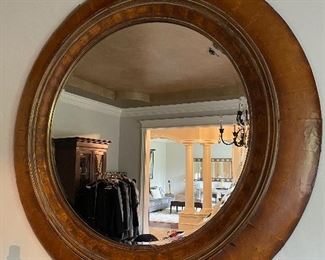 Large round mirror. Distressed Leather. 57"D. (Some leather is lightly peeling. Please see all photos.) BUY IT NOW $200.