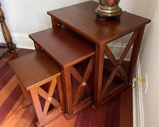 Wood Nesting Tables. Table 1 (23' x 17"D x 24"H). Table 2 (18"W x 12.5"D x 20.5"H). Table 3 (12"W x 9.5"D x 16.5"H). Excellent condition! BUY T NOW $325.