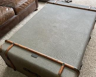 Restoration Hardware cocktail table, wood and canvas. Measures 38.5" x 58"L x 12.5"H. (Shows some soiling on surface. Please see all photos). BUY IT NOW $700.