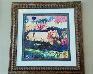 'Lion and the Blue Tree' framed watercolor serigraph print by American Artist: Mike Smith. Approx. 21.5"sq. (art only)