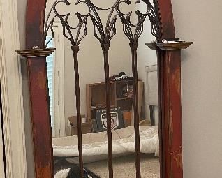 Fabulous antique iron, wood and glass, mirror reclaimed from a church. Measures 40"W x 6"D x 84.5"H. BUY IT NOW $1200.