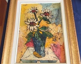 Abstract Daisy Art. Oil on canvas; framed. Painting by local artist.