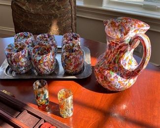 Hand Blown multi color Italian Art Glass Pitcher and glasses