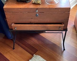 Rustic wooden box on iron stand - accent table