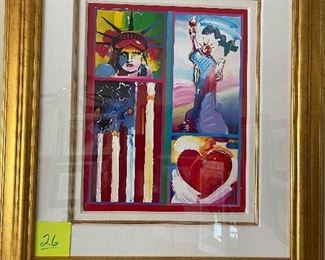 PETER MAX - "Patriotic Series: Two Liberties, Flat and Heart - 2006 - 18-15/16" x 14-15/16".  Mixed media painting with acrylic and color lithography on paper.  Signed in acrylic.  A unique variation.  This work is part of a six piece suite consisting of Patriotic imagery.  Information based on Certificate of Authenticity provided by Park West Gallery at time of purchase; 09/26/2008.  