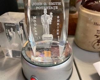 Commemorative Etched Crystal block recognizing John G. Smith Potentate.  