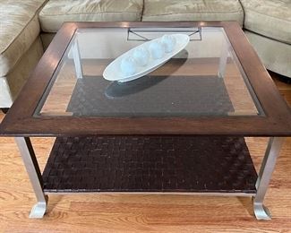 Coffee Table, glass top, woven leather bottom tier - 43"l x 43"w x 20.5"h