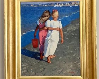 Oil on Canvas, signed Thomas Russell Dunlay, Two Girls on a Beach appx. 23x27