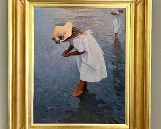 Oil on Canvas, signed Thomas Russell Dunlay, Girl Finding Treasure on the Beach appx 23x27