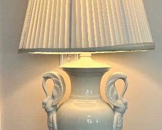 (2) Vintage White Ceramic Lamps with Swan Handles on Wood Base