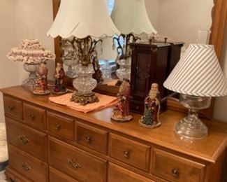 Multiple lamps, Wooden Santas, and cherry wood jewelry box.