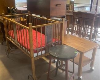 Crib on Wheels, Stools, Small Cart