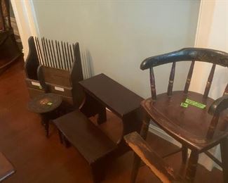 Cranberry Scoop, Step Stool, Antique Captain Style High Chair