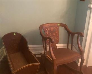 Antique Baby Cradle, Rocking Chair with inlayed Mother of Pearl