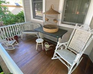 Wicker Rocker, Love Seat, Child's Rocker, Childs Red Wagon, Milking Stool, Bird Cage, Wood Painted Table
