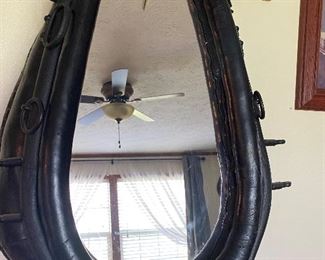 antique horse collar mirror leather 