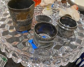 FABULOUS FOOTED CAKE STAND /ANTIQUE SILVERPLATE NAPKIN RINGS 