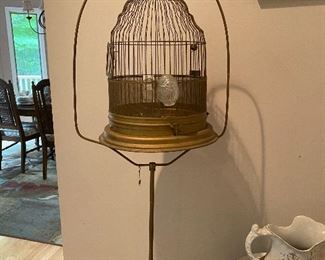 ANTIQUE BRASS BIRDCAGE AND STAND 