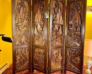 Vintage hand carved wood 4 panel screen from the 1970's. Each panel took a year to carve. Each panel is different. One of a kind piece.  Sailboats, Palm trees