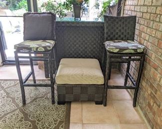 All-weather wicker bar, two high stools and ottoman, all from the "Summer Classics" of woven, N-Dura resin wicker.