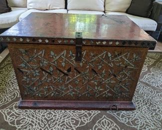 Close-up of the vintage, hand-painted wooden/mirrored Thai trunk, purchased from Jeff Littrell ($$) in 1995.
