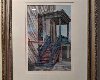 Nicely framed/matted original pastel, artist-signed, by J. Sidman, "Charleston Stairway".