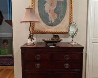 1940's mahogany bachelor's chest, by Drexel "Travis Court" collection, vintage brass putti table lamp, with brass/marble base, vintage tilt-mirror and large brass shell dish.  The rear of the nicely framed/matted art states:                                                                                                   "Flora (Roman goddess of flowers) fresco, first half of the first century A.D. Courtesy of the National Archeological Museum of Naples. Organized by the restoring Ancient Stabiae foundation and the superintendency of archeology of Pompeii and toured by the international arts & artists, partially sponsored by NIAF, Grand Circle Foundation, and the Italian cultural institute. Additional support generously provided by the Massey charitable trust and Pirelli Tires".
