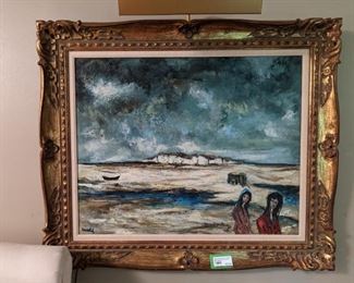 Nicely framed original oil on canvas (with gallery light) by listed French artist, Roger Escudie (1920 - 1990).                                       This piece is entitled "Gitans aux Santes Maries", which celebrates the Gypsy Pilgrimage in Europe, France, Camargue, Saintes Maries de la Mer,  'Pelerinage des Gitans aux Saintes Maries de la Mer'.                            Gypsies from all over the world come to celebrate their patron Saint Sara who is carried by them from the church to the seashore; May 24th and 25th every year. Information on the rear of the piece states:                              "Escudi is a Parisian artist born in 1926. His talent was obvious at an early age and to become a painter was his only ambition. How well he succeeded can best be seen frem what a well-known art critic wrote about him after visiting one of his exhibitions at the Librarie des Beaux Arts, in Paris: ...techincal problems do not exist for him anymore. He is past his period of groping and sea