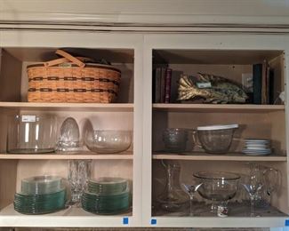 Must-have party essentials, including glass party plates, trifle thing, salad bowls, wine carafe, pitcher, martini glasses, fresh fish, books and a Longaberger basket, for good luck!