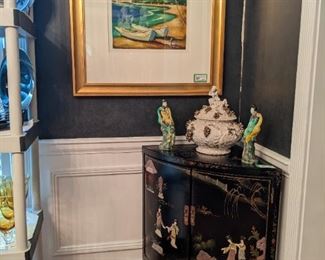Very nice hand-painted black lacquer Asian corner cabinet, with MOP applied figurines, topped with an antique china tureen and nice pair of Asian porcelain figurines. The painting is a well-framed/matted original, artist-signed piece, by listed Russian artist Sergey Cherep (1969 - ).