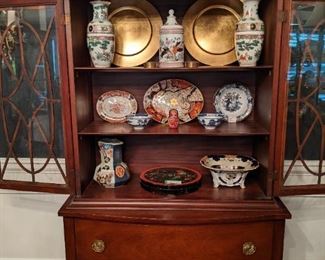 1940's mahogany china cabinet, with expensive pair of Asian porcelain vases (purchased from John K. Fong, Hong Kong, 1972 and documented to be produced from 1780 - 1794 A.D. of the Ching/Qing Dynasty).            There are other items of interest as well, but that's up to each discerning estate sale buyer, like you!
