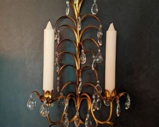 One of a pair of vintage Italian 2-candle gilt/crystal wall sconces, flanking the 1940's mahogany china cabinet. 