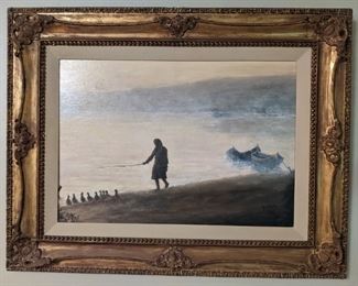 Nicely frame/matted ethereal vintage oil on canvas, artist-signed, by J. Sidman "Girl with Ducks, Lakeside".