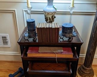 Set/3 nested mahogany tables, vintage opaline glass table lamp, with brass base, nice set of small, antique books and pair of crystal candlesticks to complete the romantic vignette.
